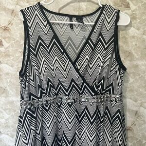 New Directions Woman 2X Black White Chevron Sleeveless Dress Studded EmpireWaist